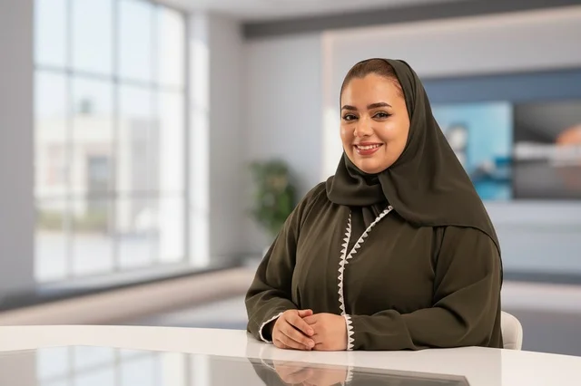 امرأة أعمال سعودية بالحجاب مبتسمة في استوديو مكتب حديث