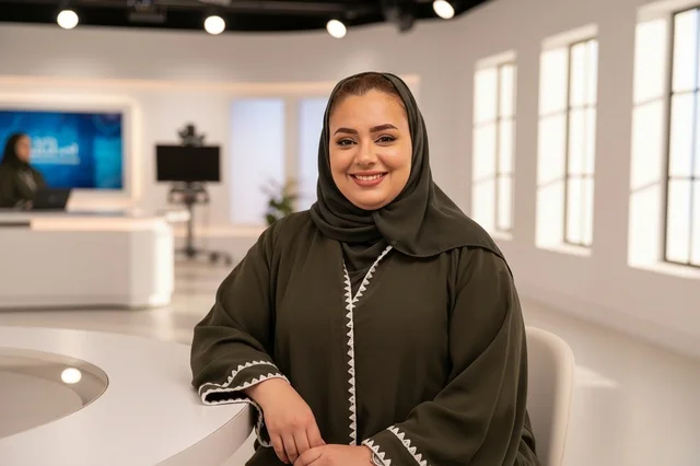 إعلامية سعودية بعباءة تقليدية في استوديو البث التلفزيوني