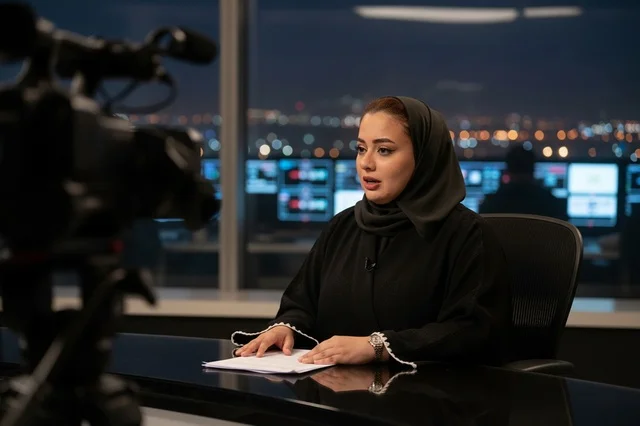 مذيعة أخبار عربية بالعباءة داخل استوديو تلفزيوني