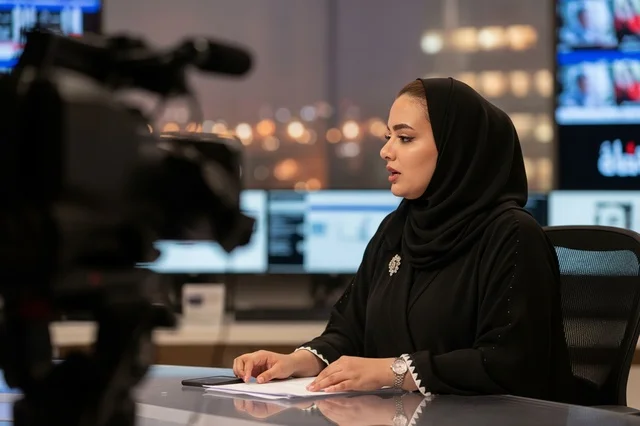 مذيعة أخبار سعودية تقدم نشرة في استوديو البث