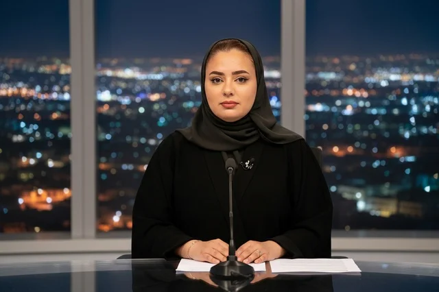 Arab Female News Anchor in Broadcasting Studio at Night Arab Female News Anchor in Broadcasting Studio at Night