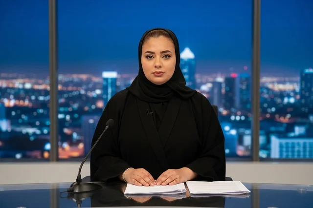 Saudi Female News Anchor in Television Studio at Night