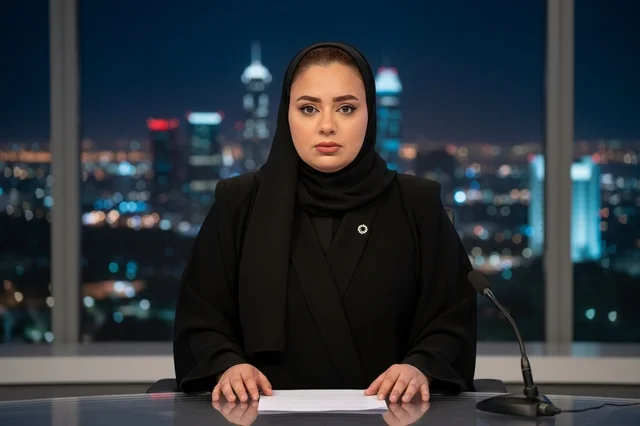 مذيعة أخبار عربية بالعباءة والحجاب في استوديو البث