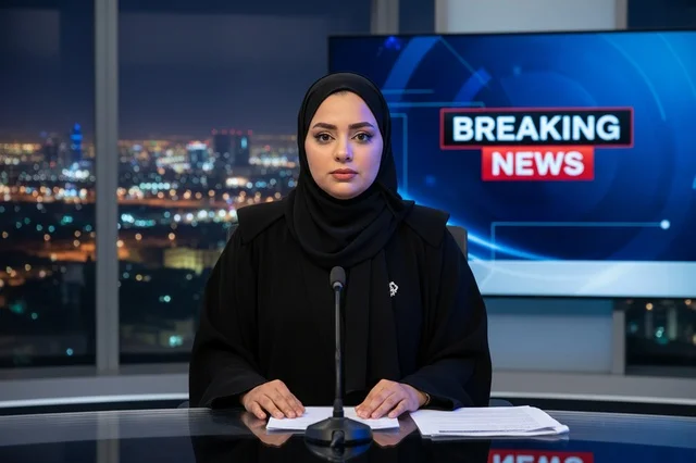 مذيعة أخبار عربية بالحجاب والعباءة في استوديو البث
