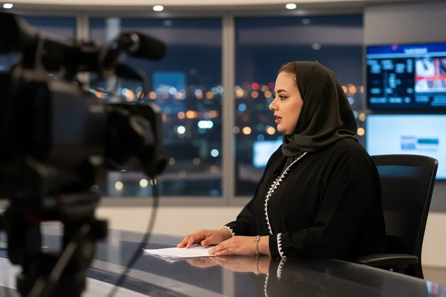 Arab Female News Anchor Broadcasting in Television Studio