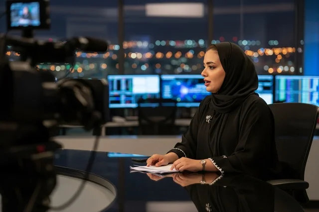 مذيعة أخبار عربية بالحجاب في الاستوديو التلفزيوني