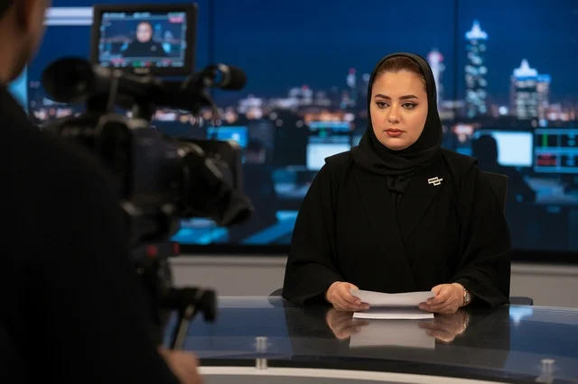 مذيعة أخبار سعودية في استوديو البث التلفزيوني