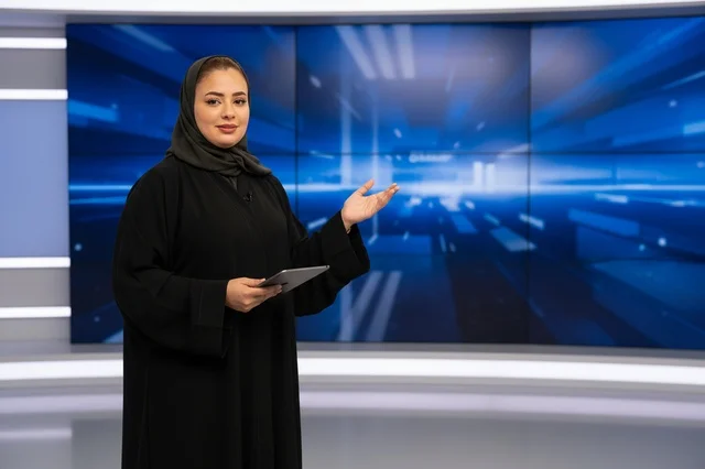 مذيعة أخبار سعودية في استوديو تلفزيوني حديث