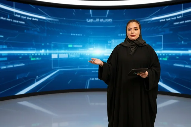 Arab Female News Presenter in Modern Digital Studio