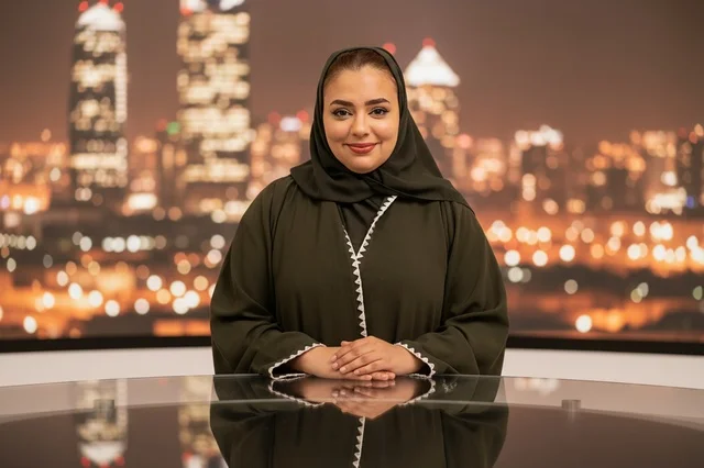مذيعة أخبار عربية بالعباءة والحجاب التقليدي في الاستوديو