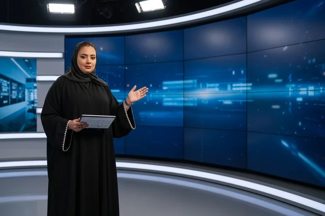 مذيعة أخبار عربية بالعباءة في استوديو تلفزيوني حديث