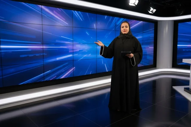 Saudi Female News Presenter in Modern Television Studio