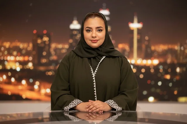 مقدمة برامج كويتية بالعباءة في استوديو إعلامي ليلا