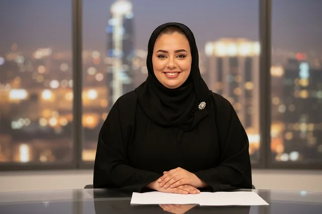 سيدة أعمال عربية خليجية بالعباءة السوداء داخل مكتب ليلي