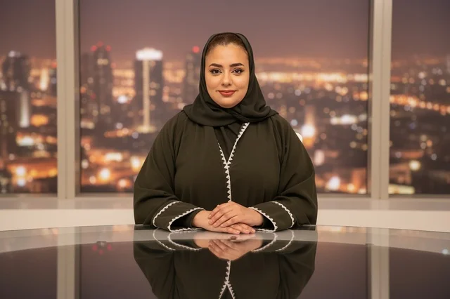 مذيعة إماراتية بالعباءة السوداء مع أفق المدينة ليلاً