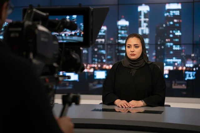 مذيعة أخبار سعودية بالعباءة في استوديو البث التلفزيوني