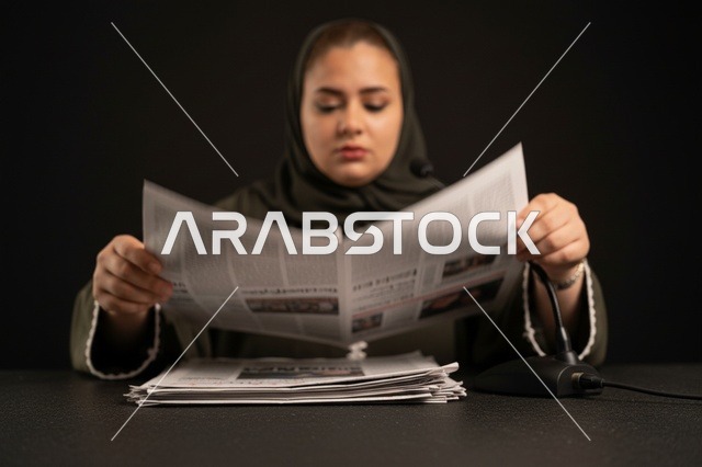 A Saudi program presenter and journalist reads the newspapers in the studio.