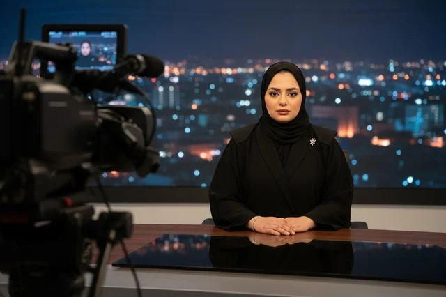 مذيعة أخبار سعودية محجبة في استوديو البث التلفزيوني