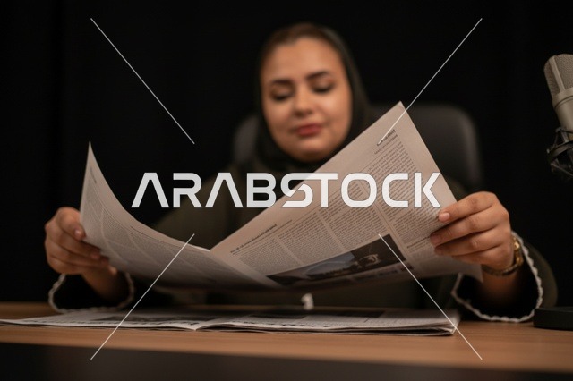 A Saudi program presenter and journalist reads the newspapers in the studio.