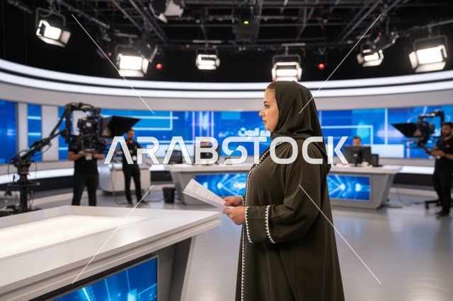 مذيعة أخبار عربية بالعباءة في استوديو تلفزيوني حديث