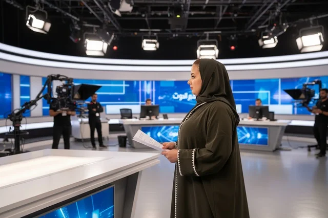 مذيعة أخبار عربية بالعباءة في استوديو تلفزيوني حديث
