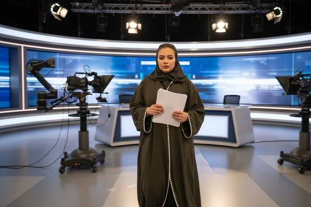 مذيعة أخبار عربية بالعباءة في استوديو تلفزيوني حديث