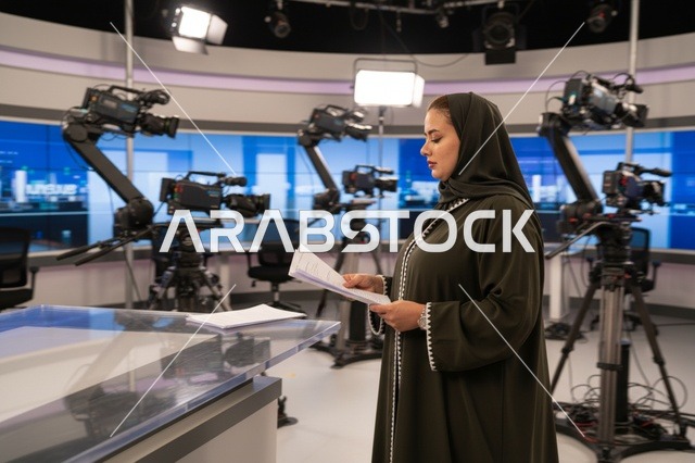 مذيعة أخبار عربية بالعباءة في استوديو تلفزيوني حديث