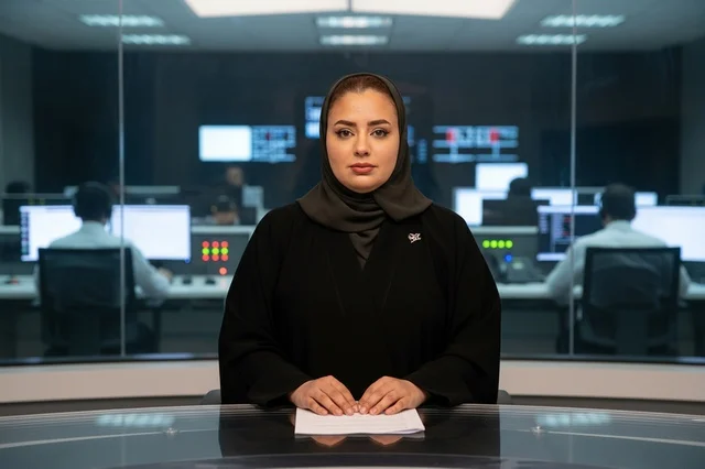 Saudi Woman in Abaya Working in Control Room Studio