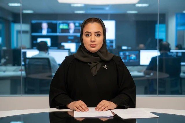 مذيعة أخبار عربية بالعباءة في استوديو تلفزيوني حديث