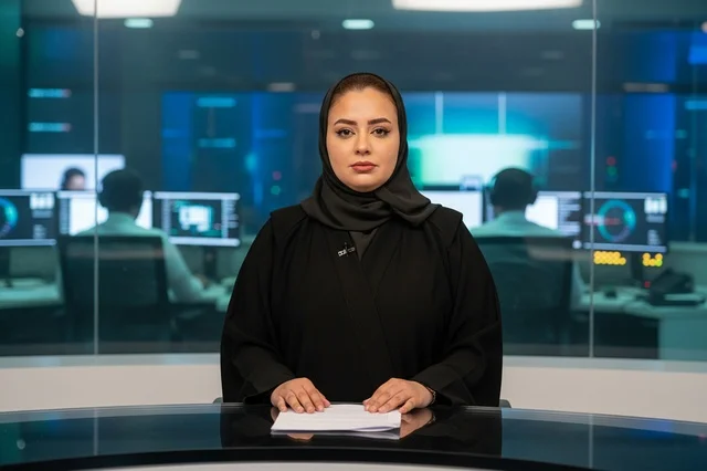مذيعة أخبار سعودية في استوديو البث التلفزيوني