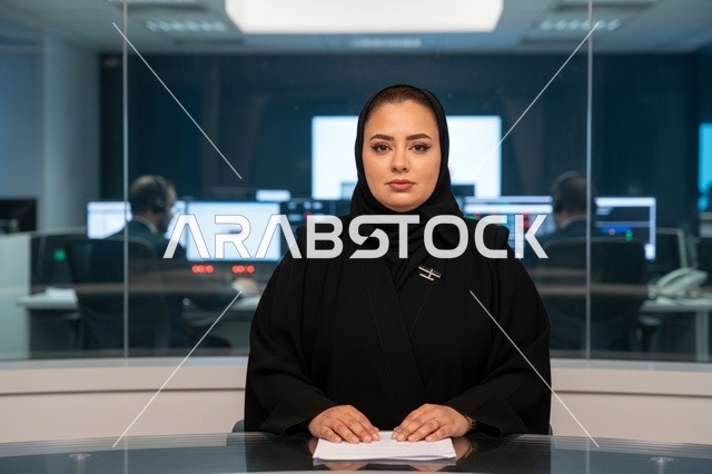 مذيعة أخبار عربية بالعباءة في استوديو تلفزيوني حديث