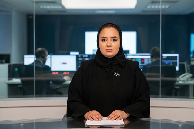 مذيعة أخبار عربية بالعباءة في استوديو تلفزيوني حديث
