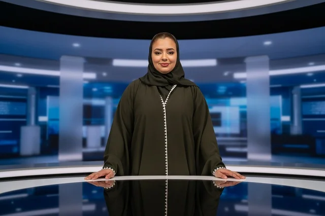 مذيعة أخبار عربية بالعباءة في استوديو تلفزيوني حديث