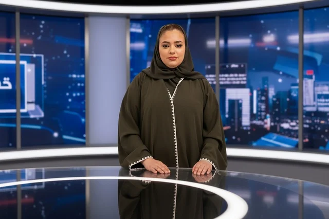 Arab Female News Anchor Presenting in Television Studio
