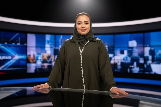 مذيعة أخبار سعودية بالعباءة والحجاب في استوديو التلفزيون