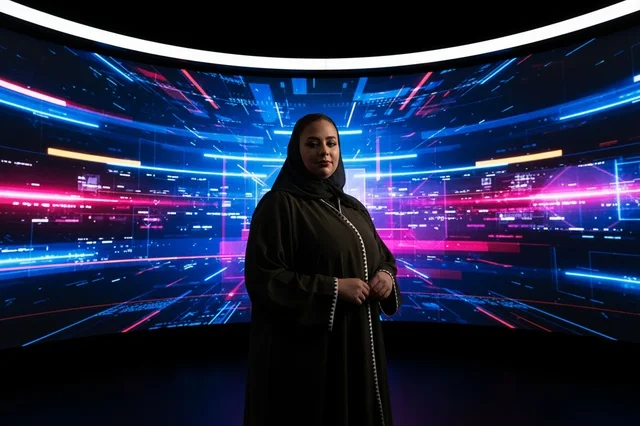 Saudi Woman in Abaya Standing Before Digital Screen
