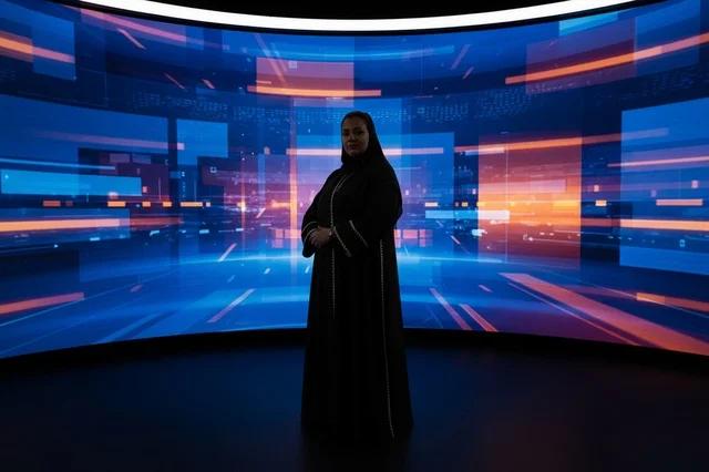 مذيعة أخبار عربية بالعباءة في استوديو تلفزيوني حديث