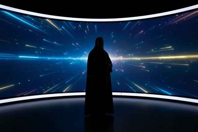 Saudi Man Silhouette in Front of Futuristic Digital Screen