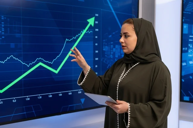 امرأة عربية بالعباءة تشير إلى شاشة مخطط سوق المال