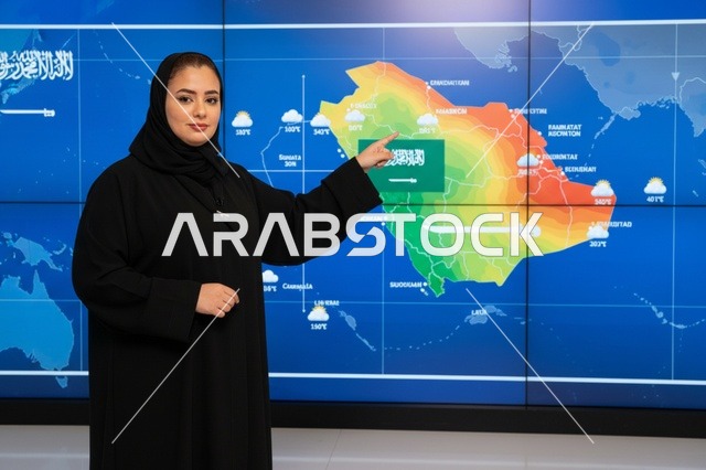 مذيعة أحوال جوية سعودية تقدم النشرة في استوديو التلفزيون