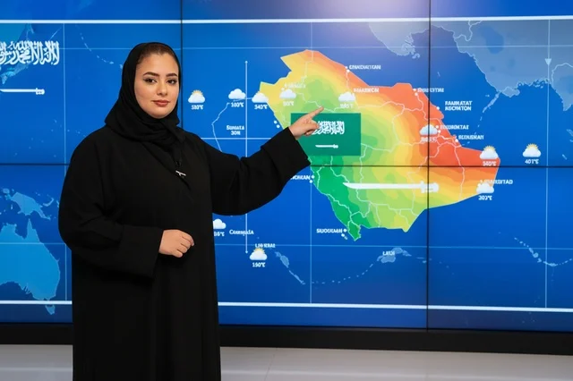 مذيعة أحوال جوية سعودية تقدم النشرة في استوديو التلفزيون