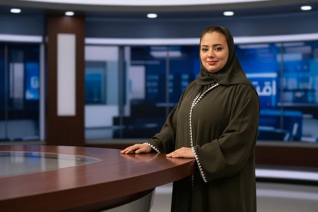 Saudi Female News Presenter in Television Studio Broadcast