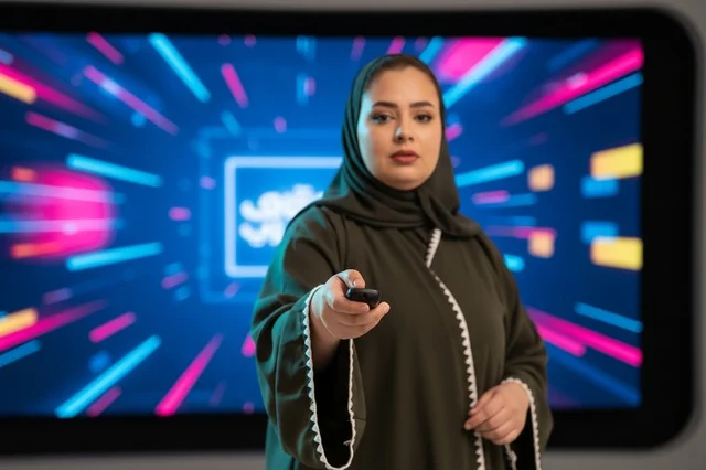 امرأة سعودية بالعباءة والحجاب تمسك بجهاز تحكم التلفزيون