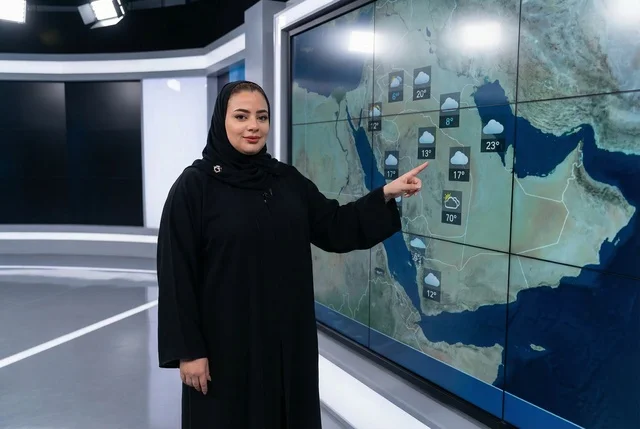 مذيعة سعودية تقدم نشرة أحوال الطقس في استوديو تلفزيوني