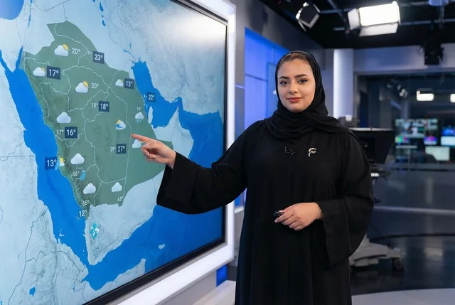 مذيعة طقس سعودية بالعباءة في استوديو الأخبار التلفزيوني