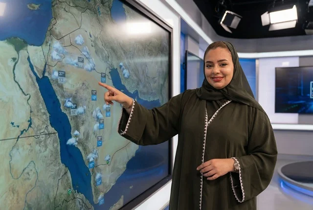 Saudi Female Presenter Weather Forecast TV Studio