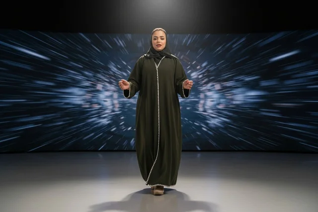 امرأة سعودية بالعباءة تقدم عرضا على مسرح حديث