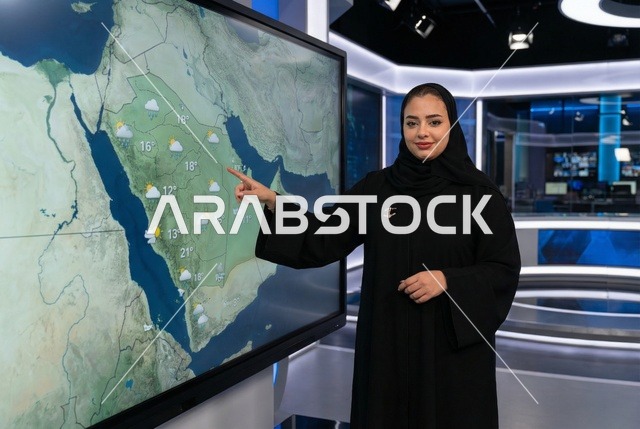 مذيعة أرصاد جوية سعودية تقدم النشرة في الاستوديو