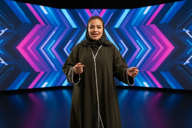 مقدمة برامج سعودية بالعباءة على مسرح استوديو النيون