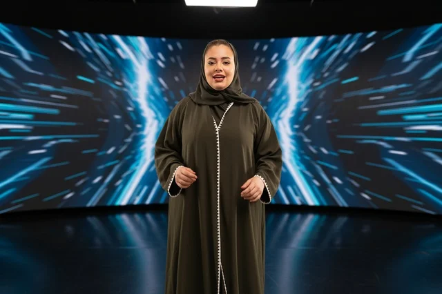 مقدمة برامج سعودية بالعباءة في استوديو تلفزيوني